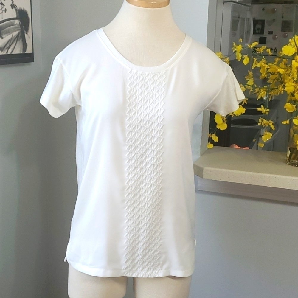 J.Crew women's top, off white. Short sleeves, enbroidery down front size XXS.
